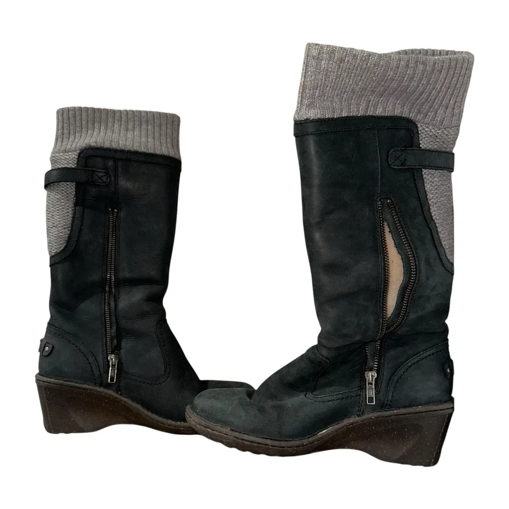 UGG Skyfall Suede Wedge Ankle‎ Boots Black Sheepskin Lined Women's 8 1006145
